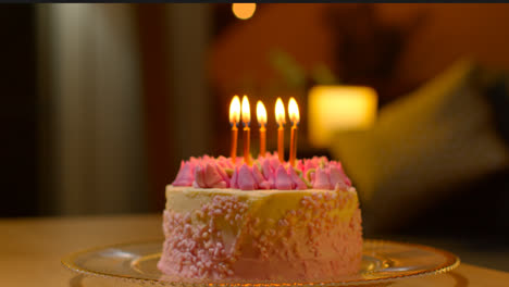 Close-Up-Of-Party-Celebration-Cake-For-Birthday-Decorated-With-Icing-And-Candles-On-Table-At-Home-4
